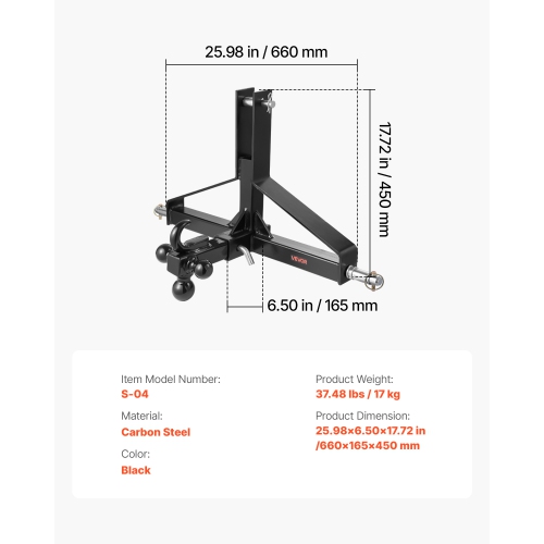 VEVOR 3 Point Trailer Hitch with 2 in Receiver, 3pt Quick Hitch Attachment, Heavy Duty Tractor Tow Drawbar Adapter, Compatible with Kubota, Mahindra,