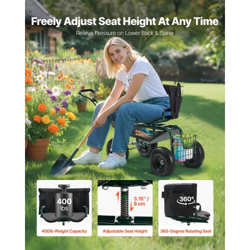 VEVOR 400lbs Weight Capacity Garden Seat with Wheels, Rolling Garden Stool with Height Adjustable & 360° Swivel Seat, Gardening Cart Bench, Ergonomic