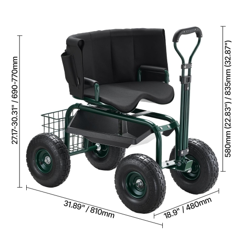 VEVOR 400lbs Weight Capacity Garden Seat with Wheels, Rolling Garden Stool with Height Adjustable & 360° Swivel Seat, Gardening Cart Bench, Ergonomic