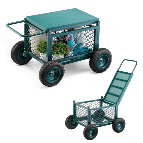 VEVOR 400 LBS Load Rolling Garden Cart with Seat, Metal Rolling Garden Work Seat with Wheels, Heavy Duty Gardening Cart Scooter, Outdoor Wagon &
