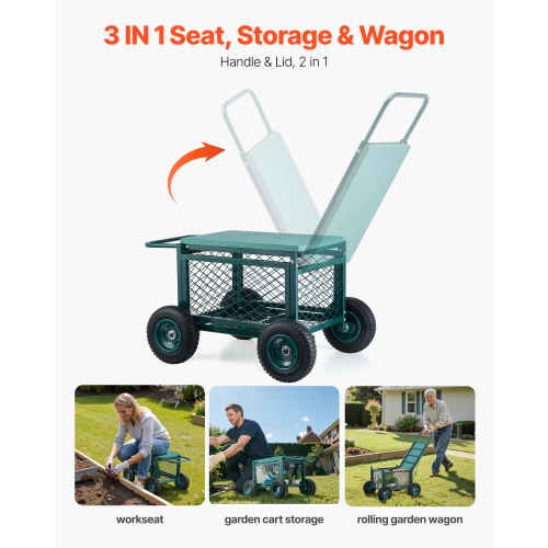 VEVOR 400 LBS Load Rolling Garden Cart with Seat, Metal Rolling Garden Work Seat with Wheels, Heavy Duty Gardening Cart Scooter, Outdoor Wagon &