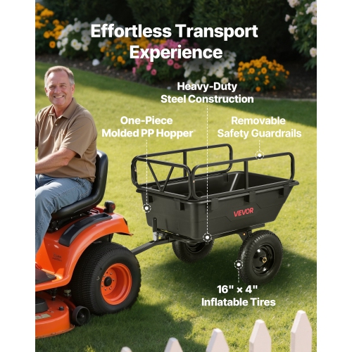 VEVOR 10 Cu. Ft 500lbs Garden Utility Trailer, ATV UTV Hauling Trailer, Tow Behind Poly Dump Cart with 16" Tires, Hand Pull or Foot Pedal, Heavy Duty