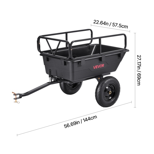 VEVOR 10 Cu. Ft 500lbs Garden Utility Trailer, ATV UTV Hauling Trailer, Tow Behind Poly Dump Cart with 16" Tires, Hand Pull or Foot Pedal, Heavy Duty