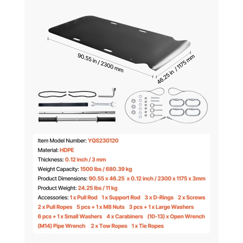 VEVOR 90 x 46 in Yard Drag Sled, 1500lbs Heavy Duty Utility Sled, HDPE Drag Glider with Ropes & Pull Cables, Hand & Vehicle Use Game Hauler for