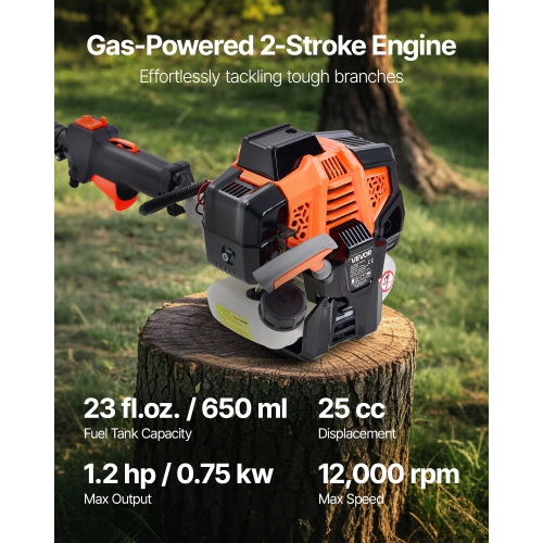VEVOR 25CC 2 Stroke Gas Pole Saw, Gas Powered Pole Saws with 8 in Cutting Bar, Cordless Tree Trimmer with 23 fl.oz Fuel Tank, 6.5 to 9 ft Extendable,