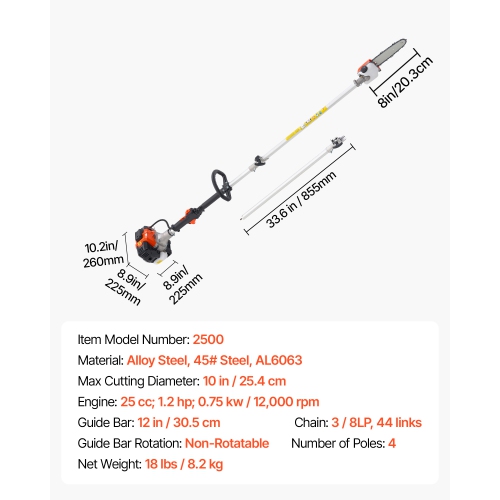VEVOR 25CC 2 Stroke Gas Pole Saw, Gas Powered Pole Saws with 8 in Cutting Bar, Cordless Tree Trimmer with 23 fl.oz Fuel Tank, 6.5 to 9 ft Extendable,