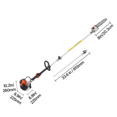 VEVOR 25CC 2 Stroke Gas Pole Saw, Gas Powered Pole Saws with 8 in Cutting Bar, Cordless Tree Trimmer with 23 fl.oz Fuel Tank, 6.5 to 9 ft Extendable,