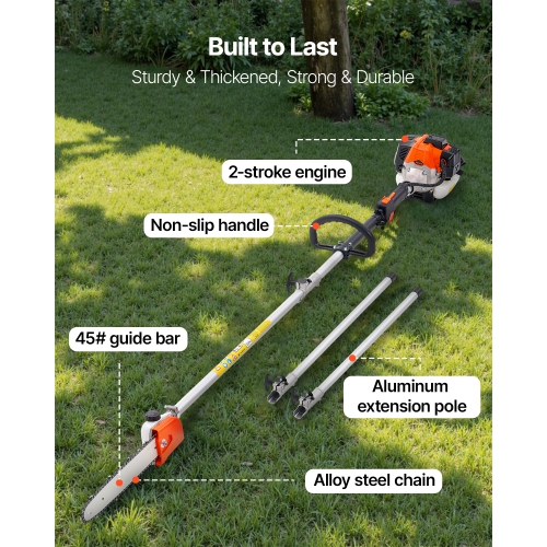 VEVOR 25CC 2 Stroke Gas Pole Saw, Gas Powered Pole Saws with 12 in Cutting Bar, Cordless Tree Trimmer with 23 fl.oz Fuel Tank, 7 to 12 ft Extendable,