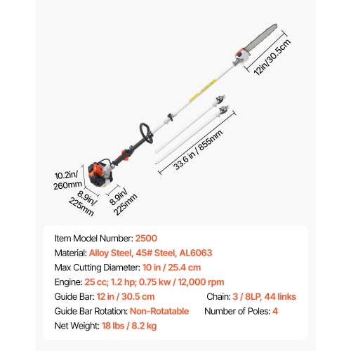 VEVOR 25CC 2 Stroke Gas Pole Saw, Gas Powered Pole Saws with 12 in Cutting Bar, Cordless Tree Trimmer with 23 fl.oz Fuel Tank, 7 to 12 ft Extendable,