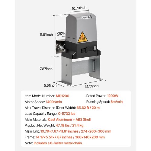 VEVOR 1200W Automatic Gate Opener, Electric Sliding Gate Opener for Doors up to 65.6ft 5732lbs, Chain Drive Rolling Door Motor with Infrared Sensor &