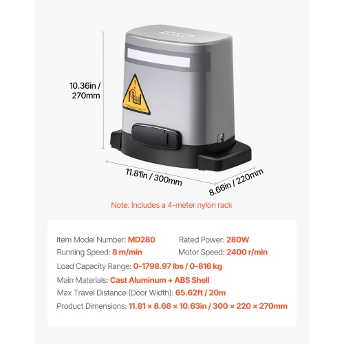 VEVOR 280W Solar Sliding Gate Opener, Electric Gate Opener for Doors up to 65.6ft 1799lbs, Gear Track Rolling Fence Door Motor with Infrared Sensor &