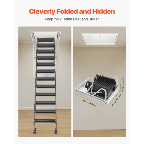 VEVOR 660LBS/299.4KG Capacity Attic Ladder, Fits 9.5 to 10.2 ft Ceiling Height and 39.4 x 27.5 inch Opening Size, Alloy Steel Pull-Down Retractable