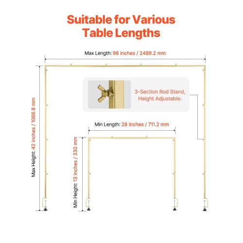 VEVOR – Tringle de table de 13 à 42&nbsp;po avec pinces, longueur ajustable de 28 à 98&nbsp;po, support en forme d'arche en métal, cadre de table en