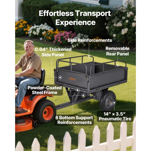 VEVOR 10 Cu. Ft Garden Utility Trailer,500lbs Capacity, ATV UTV Hauling Trailer, Tow Behind Steel Dump Cart with 14" Tires, Hand Pull or Foot Pedal,