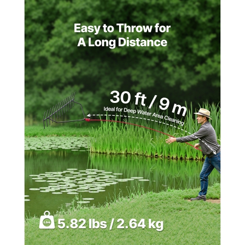 VEVOR 24 in Aquatic Weed Rake, 8.7 in Double Sided Lake Weed Rake, Pond Weeds Cutter with 30ft Rope, Tie Hole, No Assembly Required, Lightweight Muck