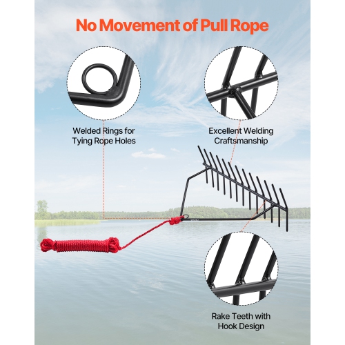 VEVOR 24 in Aquatic Weed Rake, 8.7 in Double Sided Lake Weed Rake, Pond Weeds Cutter with 30ft Rope, Tie Hole, No Assembly Required, Lightweight Muck