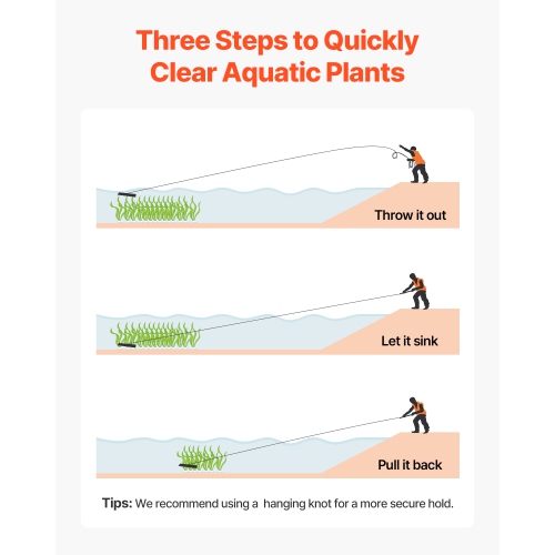 VEVOR 24 in Aquatic Weed Rake, 8.7 in Double Sided Lake Weed Rake, Pond Weeds Cutter with 30ft Rope, Tie Hole, No Assembly Required, Lightweight Muck