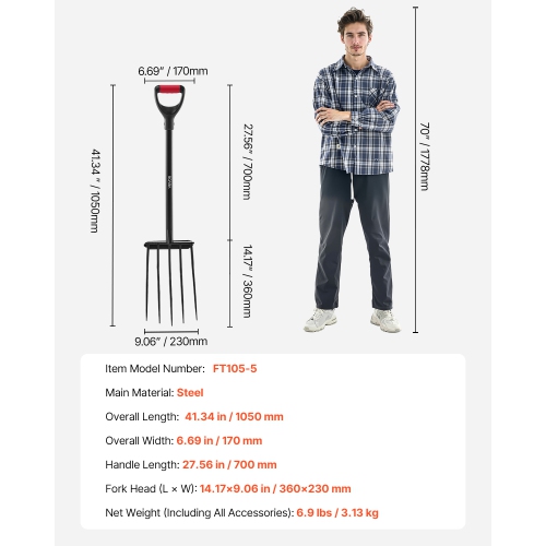 VEVOR 5-Tine Garden Fork,Gardening Pitchfork with Metal Handle,41 in Heavy Duty Digging Fork with Y Grip, Forged Steel Spading Fork for Hay Potato