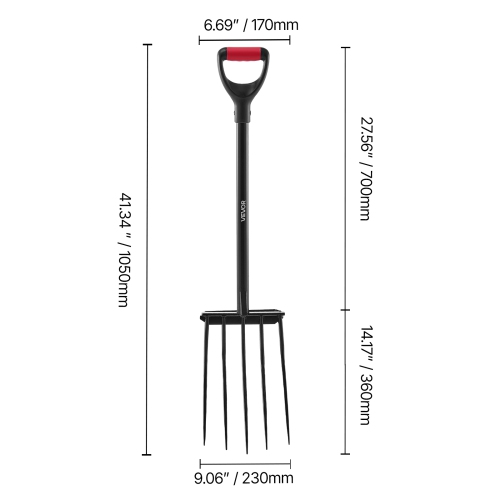 VEVOR 5-Tine Garden Fork,Gardening Pitchfork with Metal Handle,41 in Heavy Duty Digging Fork with Y Grip, Forged Steel Spading Fork for Hay Potato