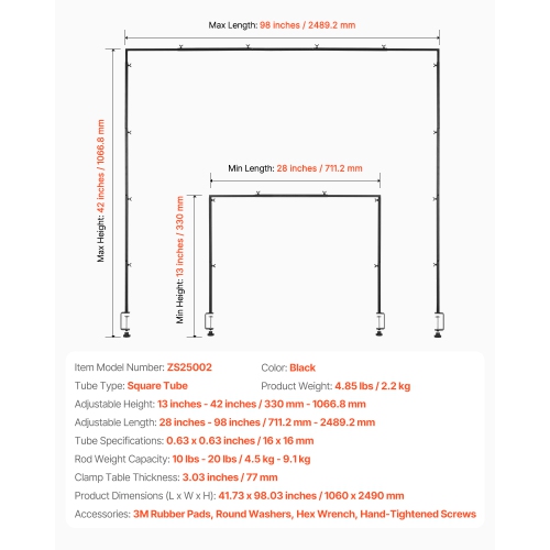 VEVOR Over The Table Rod Stand with Clamps, 13"-42" Tall & 28"-98" Length Adjustable, Metal Table Arch Stand, Tabletop Balloon Arch Frame for Wedding