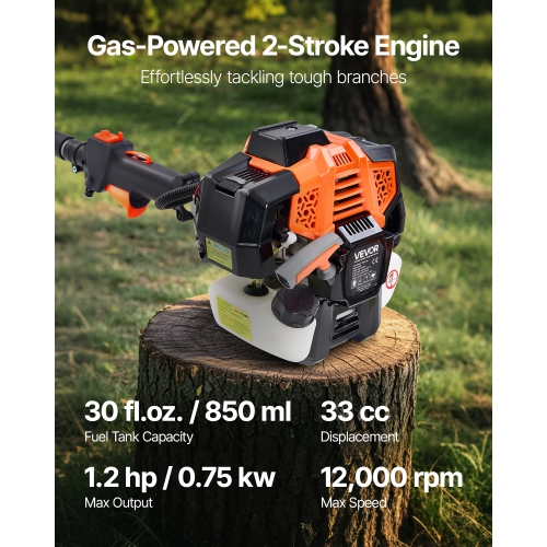 VEVOR 33CC 2 Stroke Gas Pole Saw,Gas Powered Pole Saws with 8 in Cutting Bar, Cordless Tree Trimmer with 30 fl.oz Fuel Tank, 6.7 to 11.6 ft