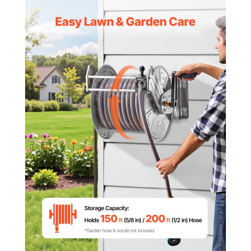 VEVOR Wall Mounted Garden Hose Reel, Holds 150 ft 5/8-inch Water Hose Winder, Heavy-Duty Stainless Steel, Outdoor Manual Reel with Brass Fitting &