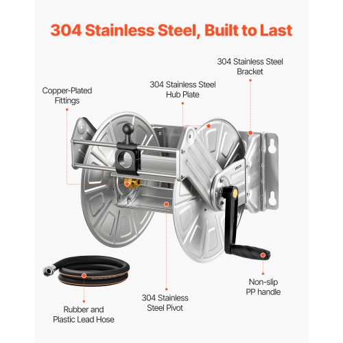 VEVOR Wall Mounted Garden Hose Reel, Holds 150 ft 5/8-inch Water Hose Winder, Heavy-Duty Stainless Steel, Outdoor Manual Reel with Brass Fitting &