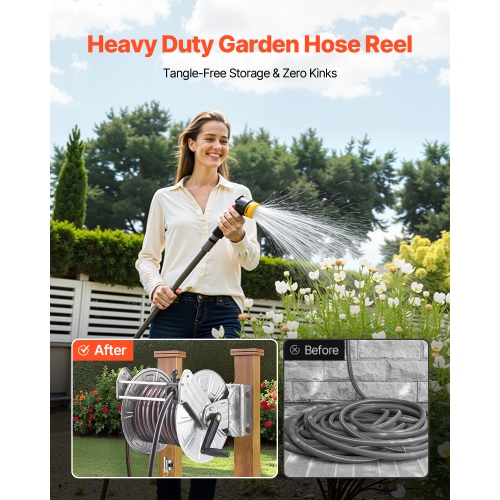 VEVOR Wall Mounted Garden Hose Reel, Holds 150 ft 5/8-inch Water Hose Winder, Heavy-Duty Stainless Steel, Outdoor Manual Reel with Brass Fitting &
