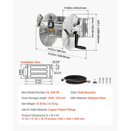 VEVOR Wall Mounted Garden Hose Reel, Holds 150 ft 5/8-inch Water Hose Winder, Heavy-Duty Stainless Steel, Outdoor Manual Reel with Brass Fitting &