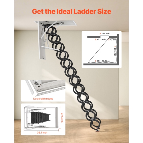 VEVOR 660LBS/299.4KG Capacity Attic Ladder, Fits 10.5 to 11 ft Ceiling Height and 39.4 x 27.5 inch Opening Size, Alloy Steel Pull-Down Retractable