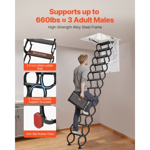 VEVOR 660LBS/299.4KG Capacity Attic Ladder, Fits 10.5 to 11 ft Ceiling Height and 39.4 x 27.5 inch Opening Size, Alloy Steel Pull-Down Retractable