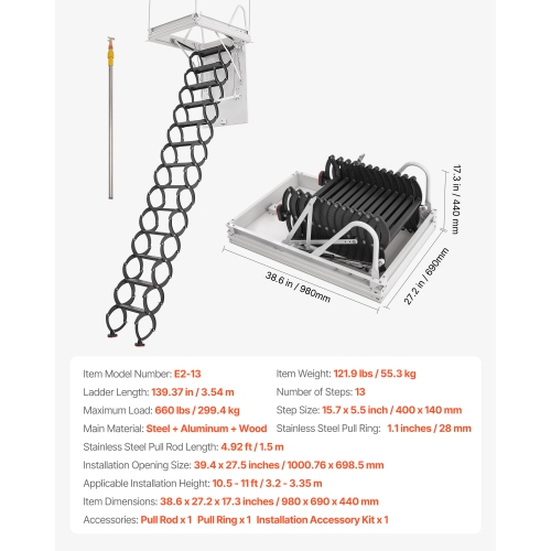 VEVOR 660LBS/299.4KG Capacity Attic Ladder, Fits 10.5 to 11 ft Ceiling Height and 39.4 x 27.5 inch Opening Size, Alloy Steel Pull-Down Retractable