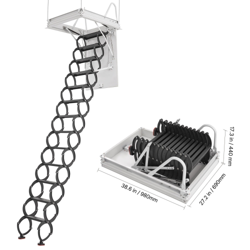 VEVOR 660LBS/299.4KG Capacity Attic Ladder, Fits 10.5 to 11 ft Ceiling Height and 39.4 x 27.5 inch Opening Size, Alloy Steel Pull-Down Retractable