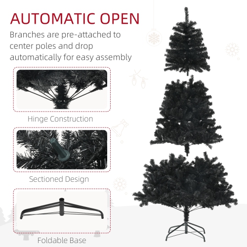 HOMCOM 7.5ft Unlit Artificial Christmas Tree, Xmas Tree with 1346 Branch Tips, Auto Open and Steel Base, Holiday Decoration for Home Office, Black