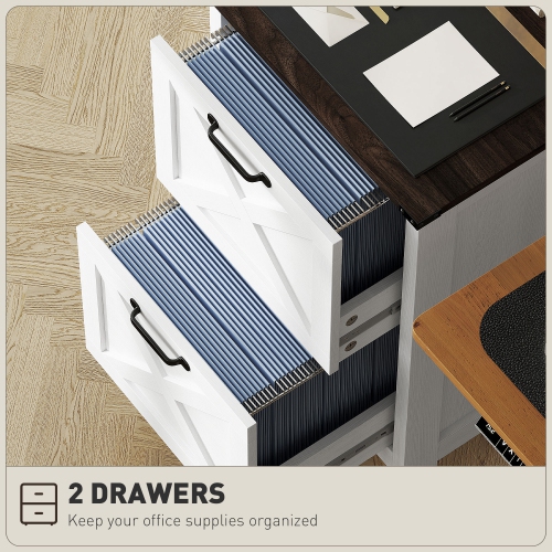 HOMCOM 2 Drawer File Cabinet with Silent Slides, Rustic Farmhouse Filing Cabinet with Barn Doors for A4/Letter Size, Printer Stand with Storage for