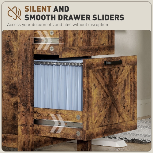 HOMCOM – Classeur à 2 tiroirs avec glissières silencieuses, classeur rustique avec portes de grange pour format A4/lettre, meuble d'imprimante avec