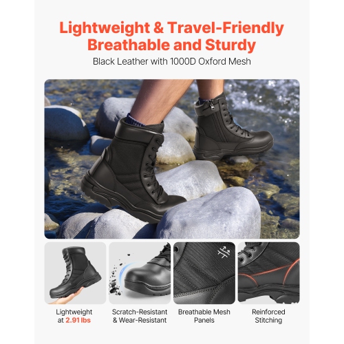 VEVOR 8 inch Men's Military Tactical Boots,Combat Hiking Work Boots, Lightweight & Breathable Side Zipper Mens Motorcycle Interceptor Trooper Boot,