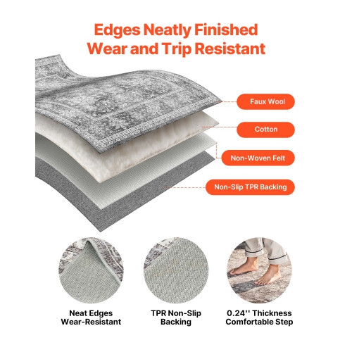 VEVOR 8 x 10 ft Area Rug, Large Washable Rug, Non-Slip and Tear-Resistant Soft Carpet, Pet & Child Friendly Vintage Area Rugs, Indoor Mat for