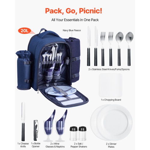 VEVOR Picnic Backpack, Beach Picnic Backpack Bag for 2 Person with Insulated Cooler Compartment, Detachable Bottle/Wine Holder, Lightweight Blanket,