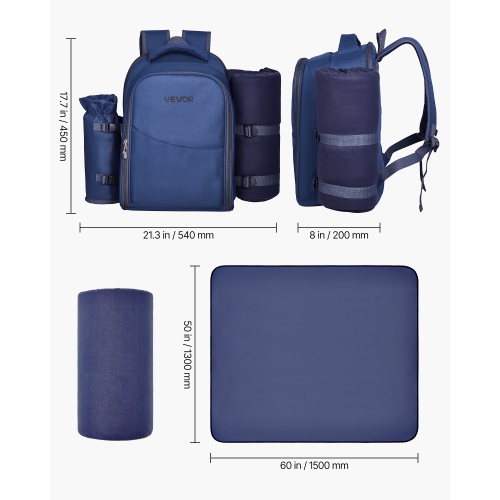 VEVOR Picnic Backpack, Beach Picnic Backpack Bag for 2 Person with Insulated Cooler Compartment, Detachable Bottle/Wine Holder, Lightweight Blanket,