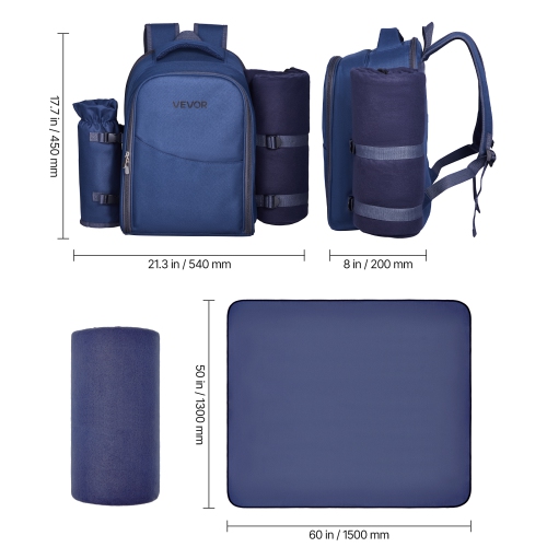 VEVOR Picnic Backpack, Beach Picnic Backpack Bag for 2 Person with Insulated Cooler Compartment, Detachable Bottle/Wine Holder, Lightweight Blanket,