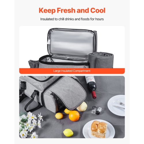 VEVOR Picnic Backpack, Beach Picnic Backpack Bag for 4 Person with Insulated Cooler Compartment, Detachable Bottle/Wine Holder, Lightweight Blanket,