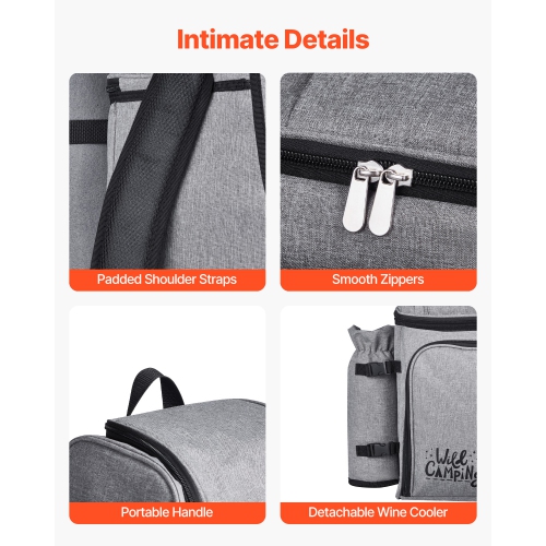 VEVOR Picnic Backpack, Beach Picnic Backpack Bag for 4 Person with Insulated Cooler Compartment, Detachable Bottle/Wine Holder, Lightweight Blanket,