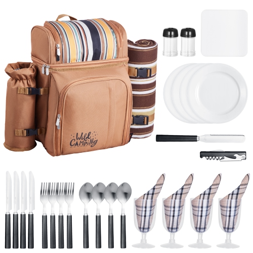 VEVOR Picnic Backpack, Beach Picnic Backpack Bag for 4 Person with Insulated Cooler Compartment, Detachable Bottle/Wine Holder, Lightweight Blanket,