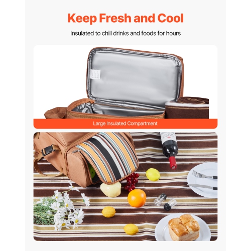 VEVOR Picnic Backpack, Beach Picnic Backpack Bag for 4 Person with Insulated Cooler Compartment, Detachable Bottle/Wine Holder, Lightweight Blanket,