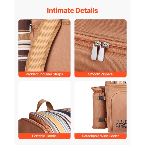 VEVOR Picnic Backpack, Beach Picnic Backpack Bag for 4 Person with Insulated Cooler Compartment, Detachable Bottle/Wine Holder, Lightweight Blanket,