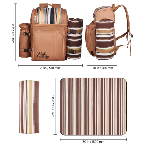 VEVOR Picnic Backpack, Beach Picnic Backpack Bag for 4 Person with Insulated Cooler Compartment, Detachable Bottle/Wine Holder, Lightweight Blanket,