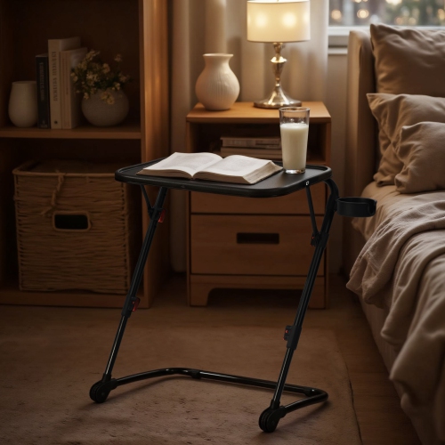 HOMY CASA  Folding Night Table With Adjustable Height And Cup Holder In Black