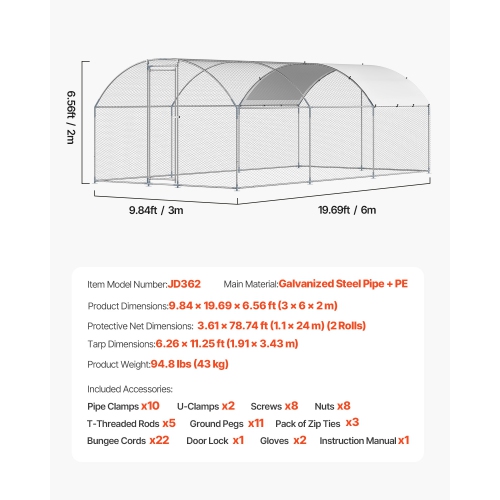 VEVOR 9.8x19.3x6.5 ft Metal Chicken Coop, Large Walk-in Chicken Runs with Cover, Doom Roof Hen House Enclosure with Security Lock, Outdoor Duck