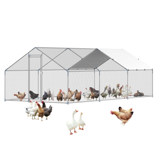 VEVOR  9.8X19.6X6.5 Ft Metal Chicken Coop, Large Walk-In Chicken Runs w Cover, Spire Roof Hen House Enclosure w Security Lock, Outdoor Duck Rabbit